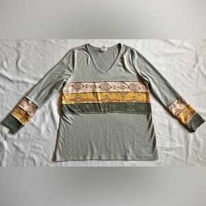 BiBi Women’s Gray Top with Yellow Green Pink Vibrant Design Size XL